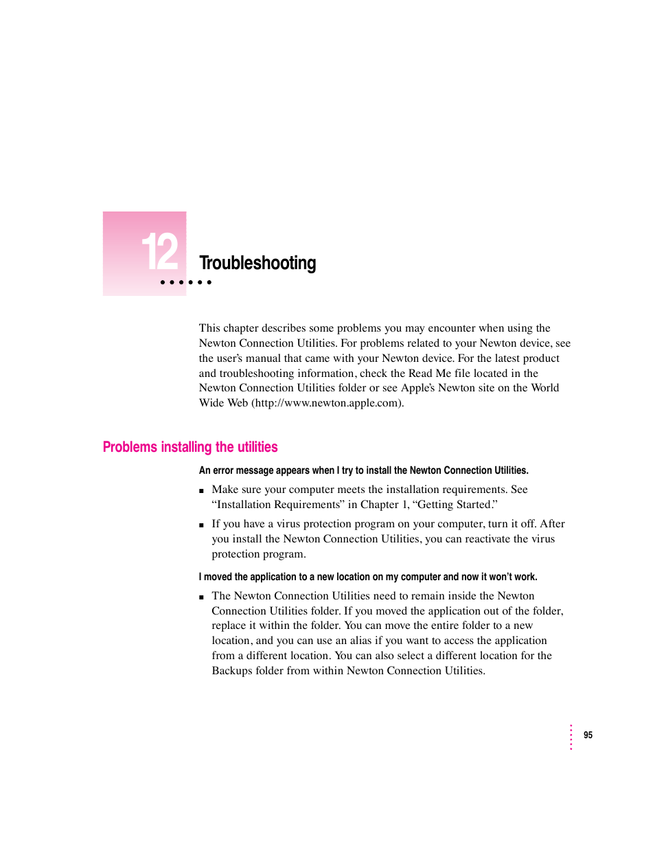 Troubleshooting | Apple Newton Connection Utilities (for Macintosh) User Manual | Page 95 / 117