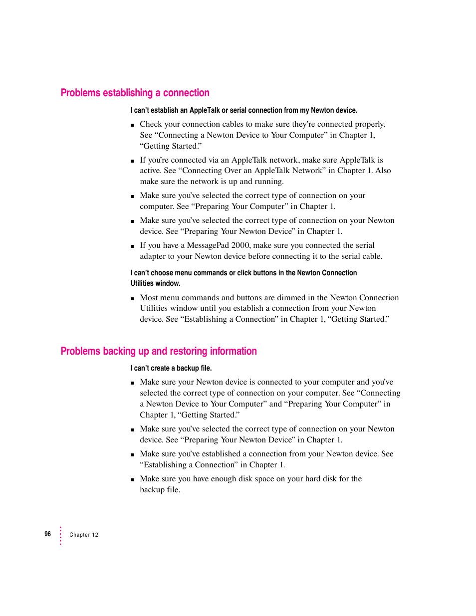 Problems establishing a connection, Problems backing up and restoring information | Apple Newton Connection Utilities (for Macintosh) User Manual | Page 96 / 117