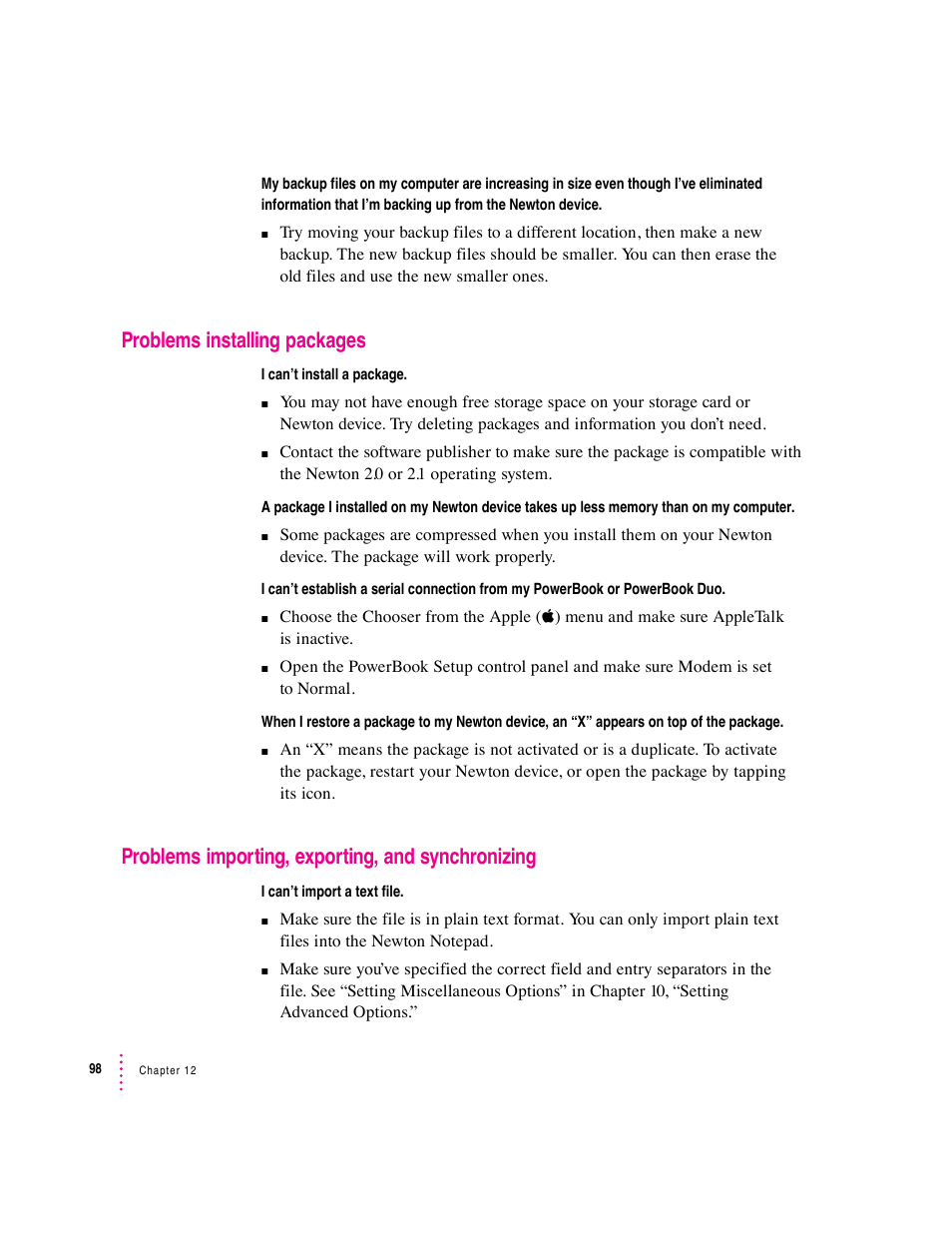 Problems installing packages, Problems importing, exporting, and synchronizing | Apple Newton Connection Utilities (for Macintosh) User Manual | Page 98 / 117
