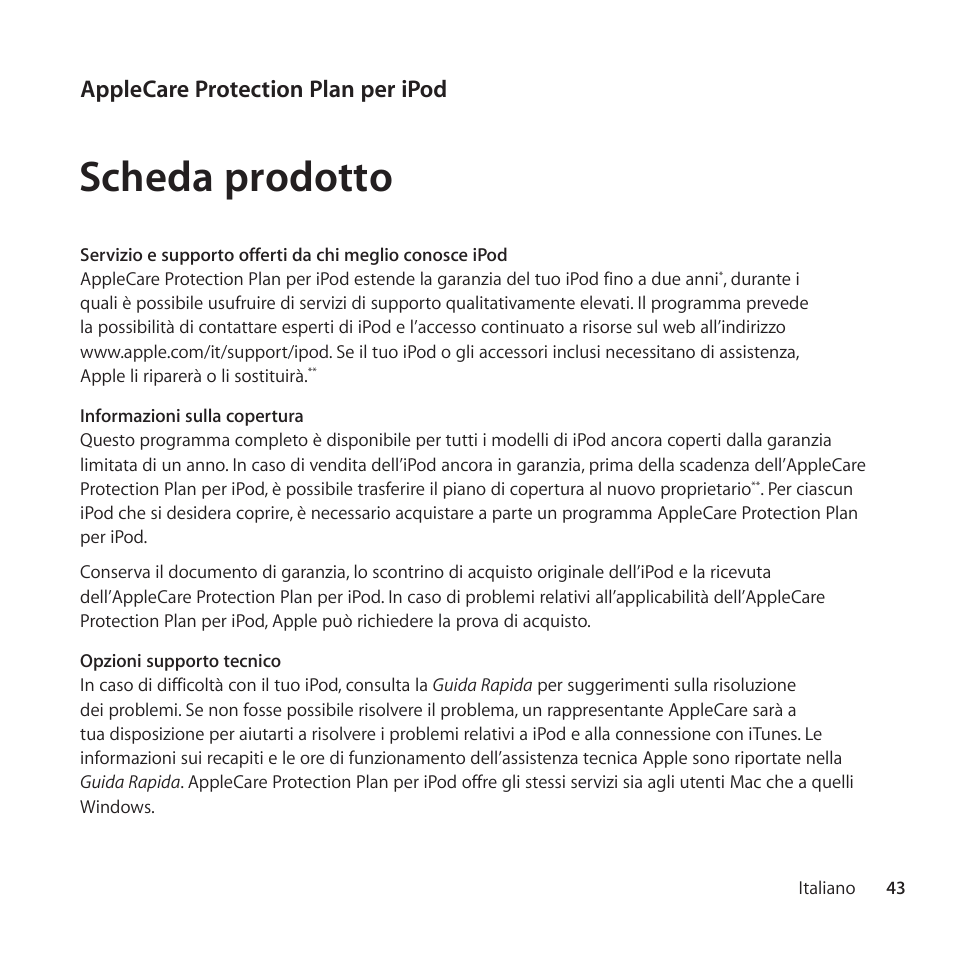 Fiche d’informations, Scheda prodotto, Applecare protection plan per ipod | Apple AppleCare Protection Plan for iPod User Manual | Page 43 / 104