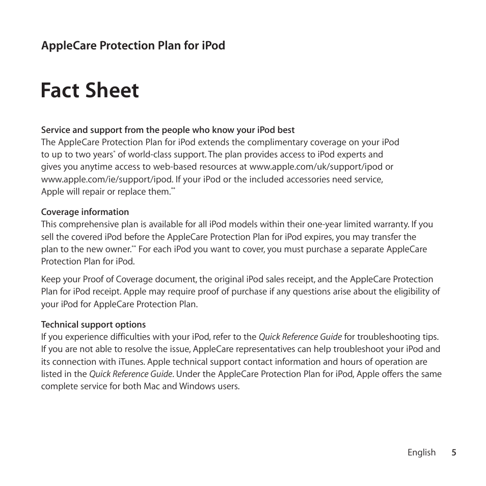 Fact sheet, Applecare protection plan for ipod | Apple AppleCare Protection Plan for iPod User Manual | Page 5 / 104