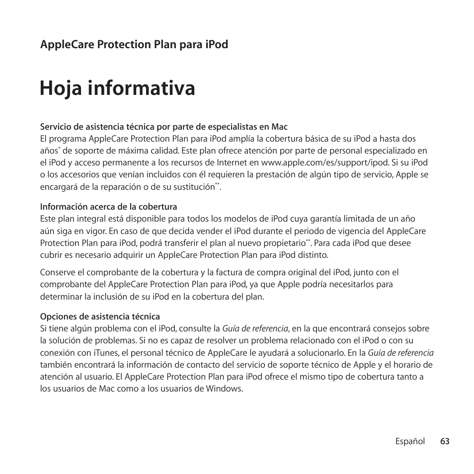 Hoja informativa, Applecare protection plan para ipod | Apple AppleCare Protection Plan for iPod User Manual | Page 63 / 104