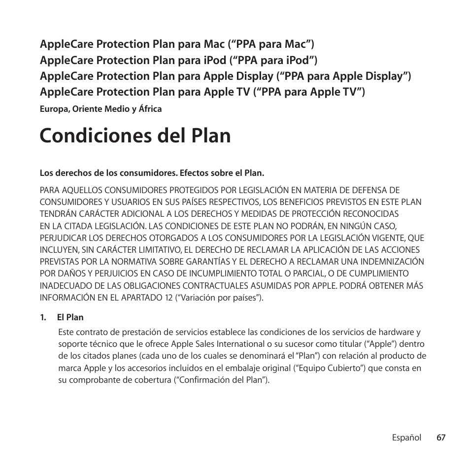 Condiciones del plan | Apple AppleCare Protection Plan for iPod User Manual | Page 67 / 104