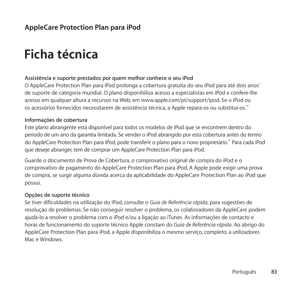 Ficha técnica, Applecare protection plan para ipod | Apple AppleCare Protection Plan for iPod User Manual | Page 83 / 104