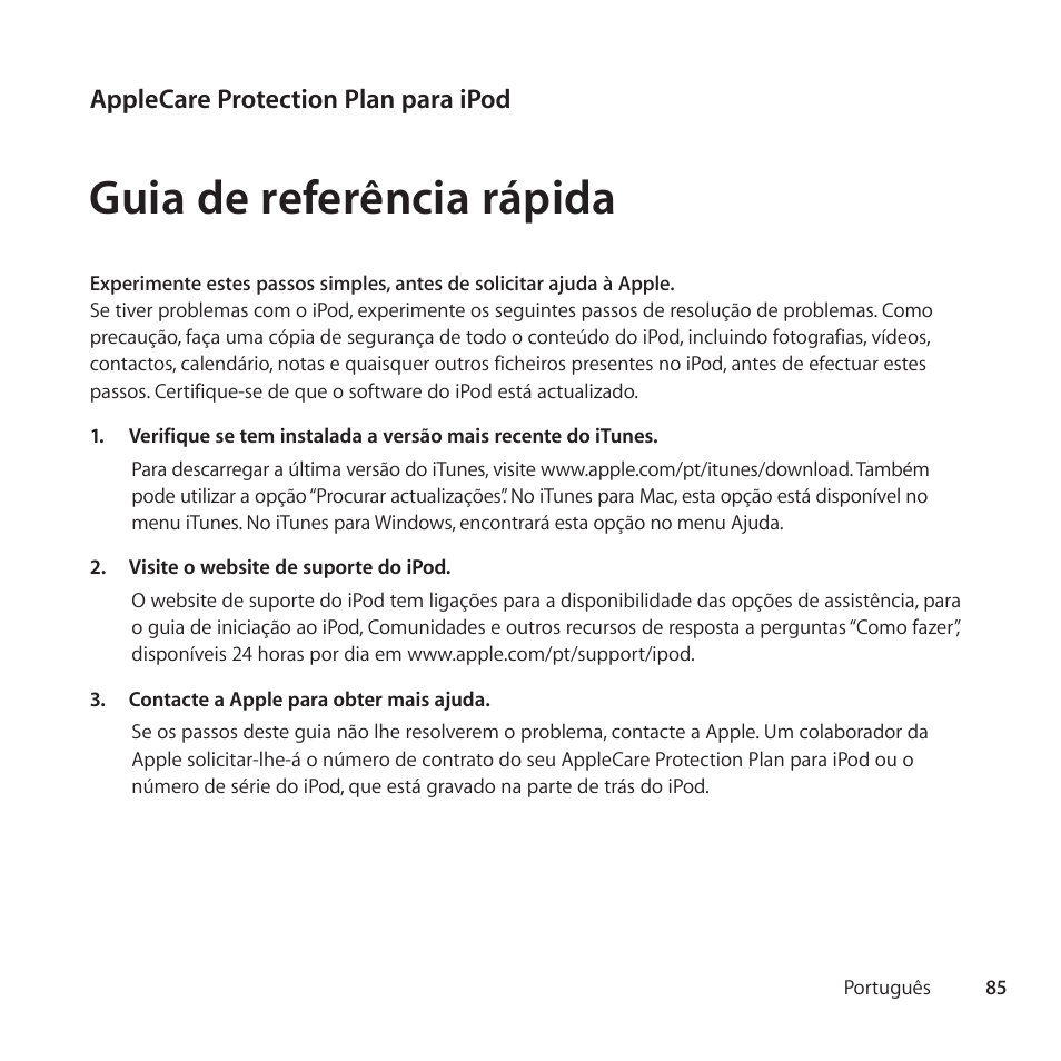 Guia de referência rápida | Apple AppleCare Protection Plan for iPod User Manual | Page 85 / 104