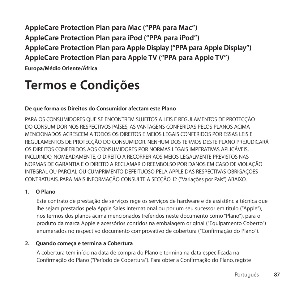 Termos e condições | Apple AppleCare Protection Plan for iPod User Manual | Page 87 / 104