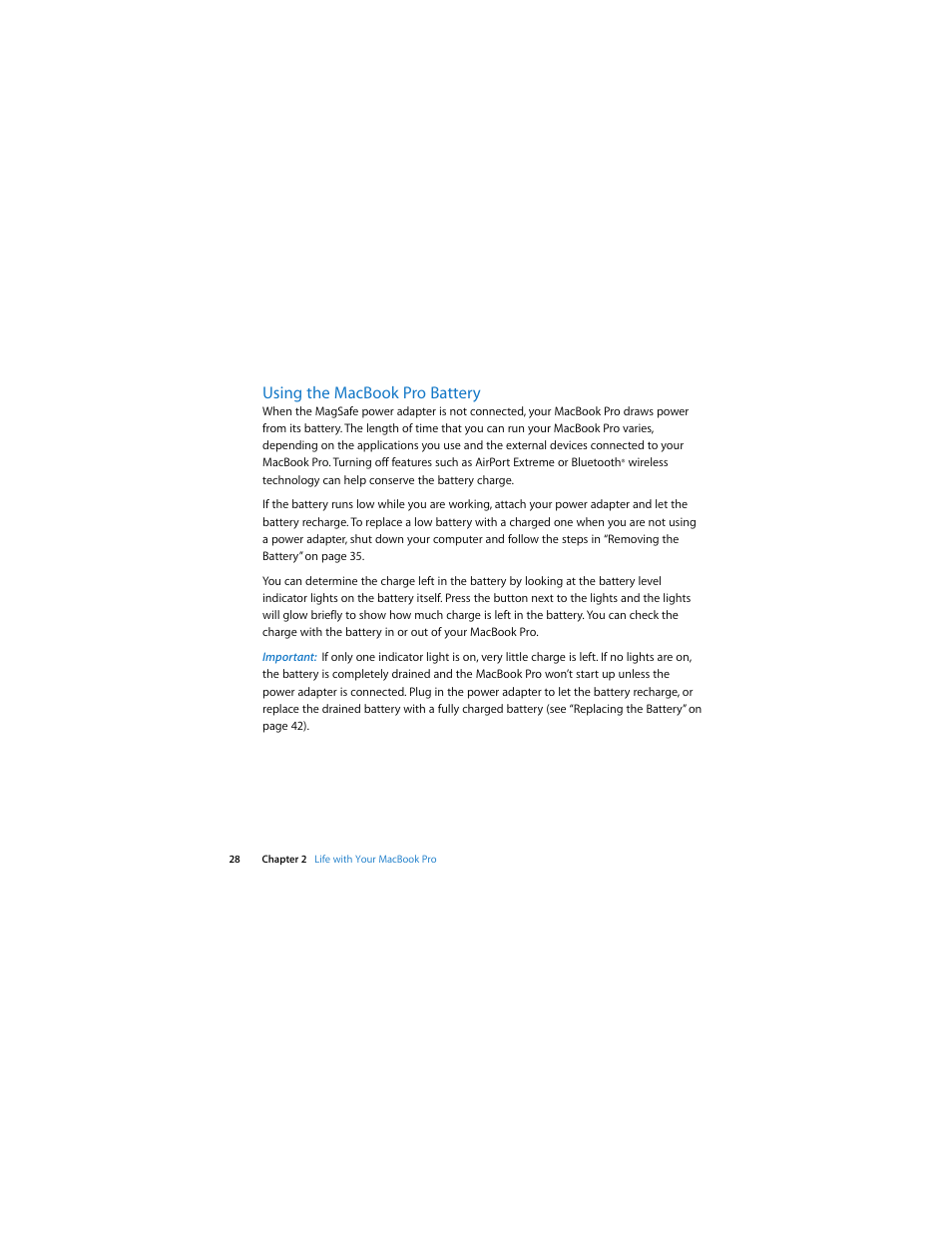 Using the macbook pro battery | Apple MacBook Pro (Mid 2007, 2.4/2.2 GHz) User Manual | Page 28 / 80