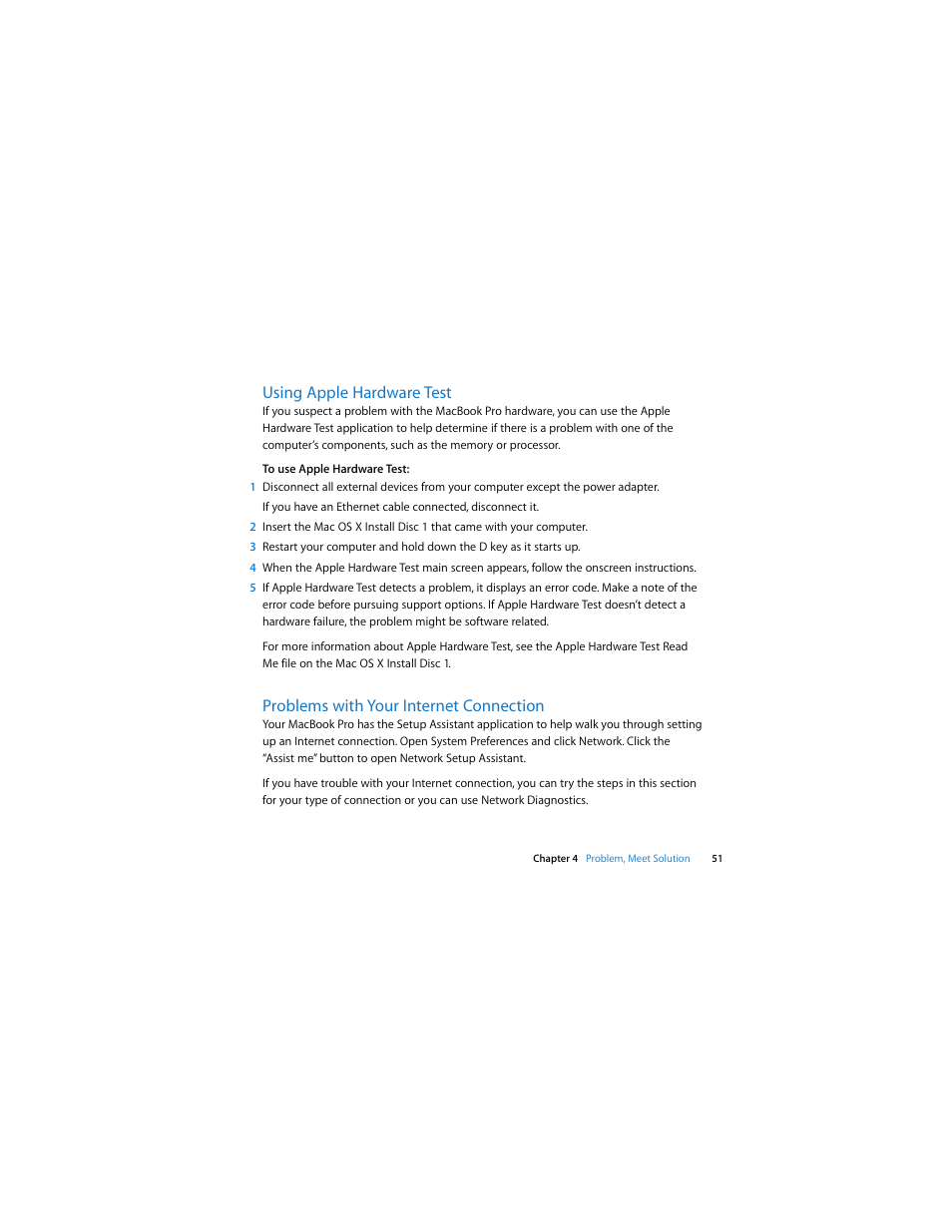 Using apple hardware test, Problems with your internet connection | Apple MacBook Pro (Mid 2007, 2.4/2.2 GHz) User Manual | Page 51 / 80