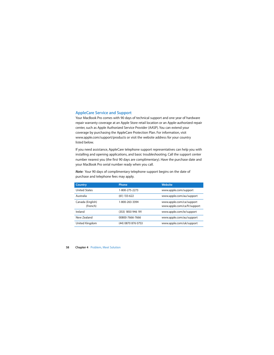 Applecare service and support | Apple MacBook Pro (Mid 2007, 2.4/2.2 GHz) User Manual | Page 58 / 80