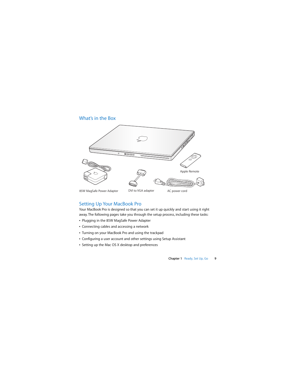 What’s in the box setting up your macbook pro | Apple MacBook Pro (Mid 2007, 2.4/2.2 GHz) User Manual | Page 9 / 80