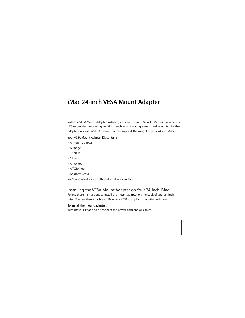 Imac 24-inch vesa mount adapter | Apple iMac 24-inch (late 2006) VESA Mount Adapter User Manual | Page 3 / 60