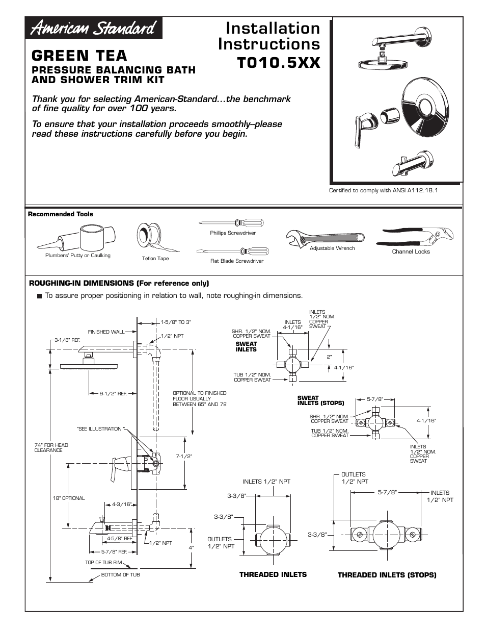 American Standard Green Tea T010.5XX User Manual | 4 pages