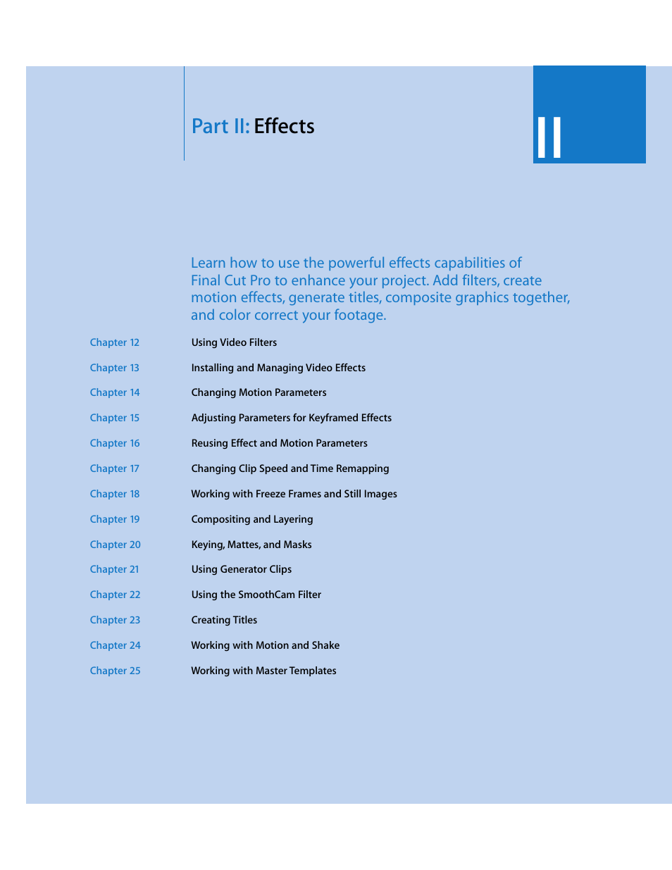 Partii: effects, Part ii, Effects | Part ii: effects | Apple Final Cut Pro 6 User Manual | Page 1000 / 2033
