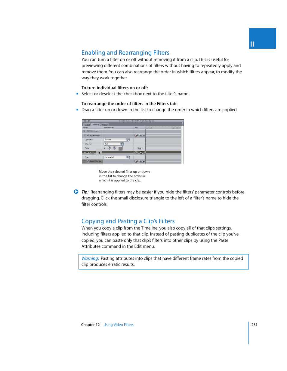 Enabling and rearranging filters, Copying and pasting a clip’s filters, P. 231) | Enabling and, Rearranging filters | Apple Final Cut Pro 6 User Manual | Page 1016 / 2033