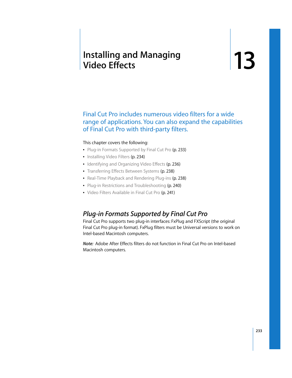 Installing and managing videoeffects, Plug-in formats supported by finalcutpro, Chapter 13 | Installing and managing video effects, Plug-in formats supported by final cut pro | Apple Final Cut Pro 6 User Manual | Page 1018 / 2033