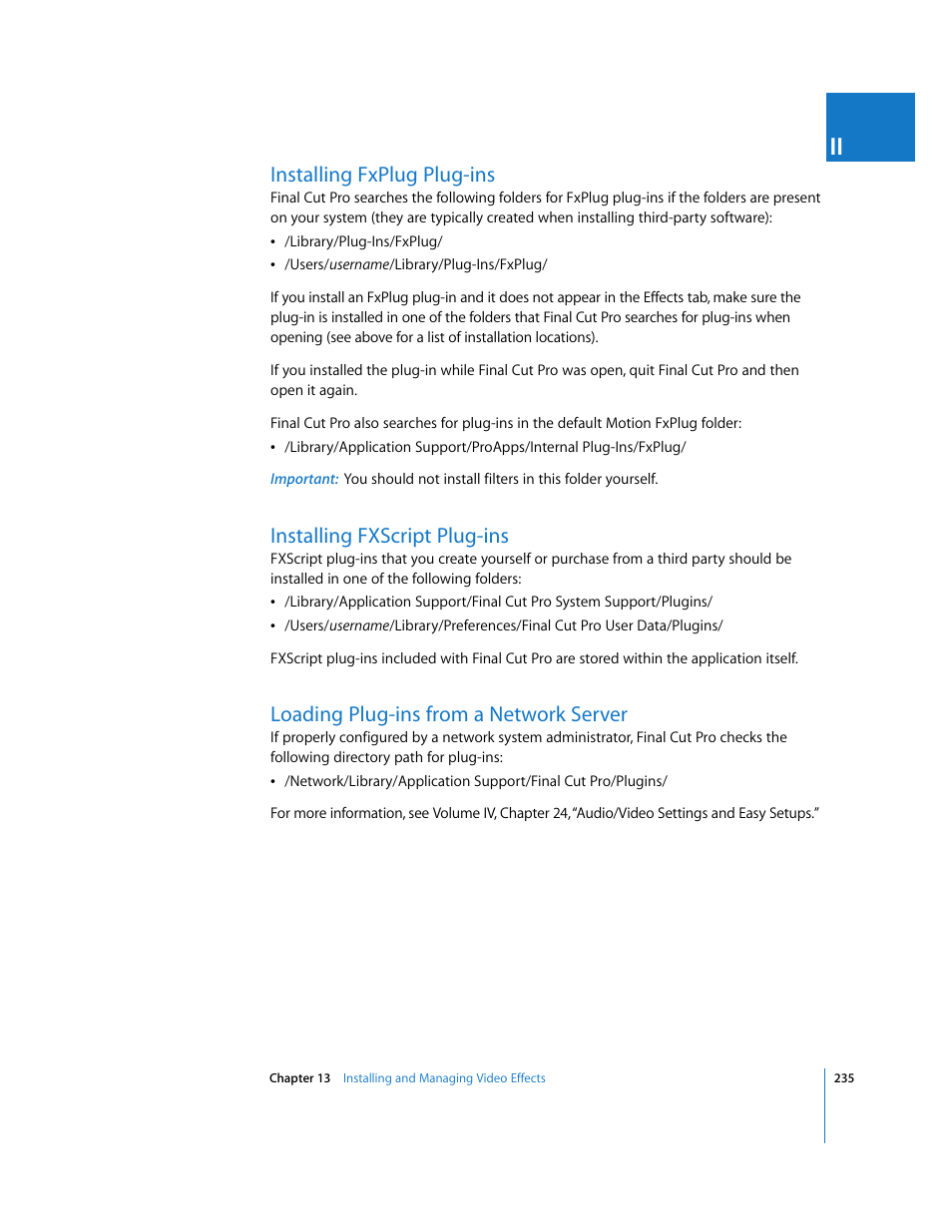 Installing fxplug plug-ins, Installing fxscript plug-ins, Loading plug-ins from a network server | Apple Final Cut Pro 6 User Manual | Page 1020 / 2033