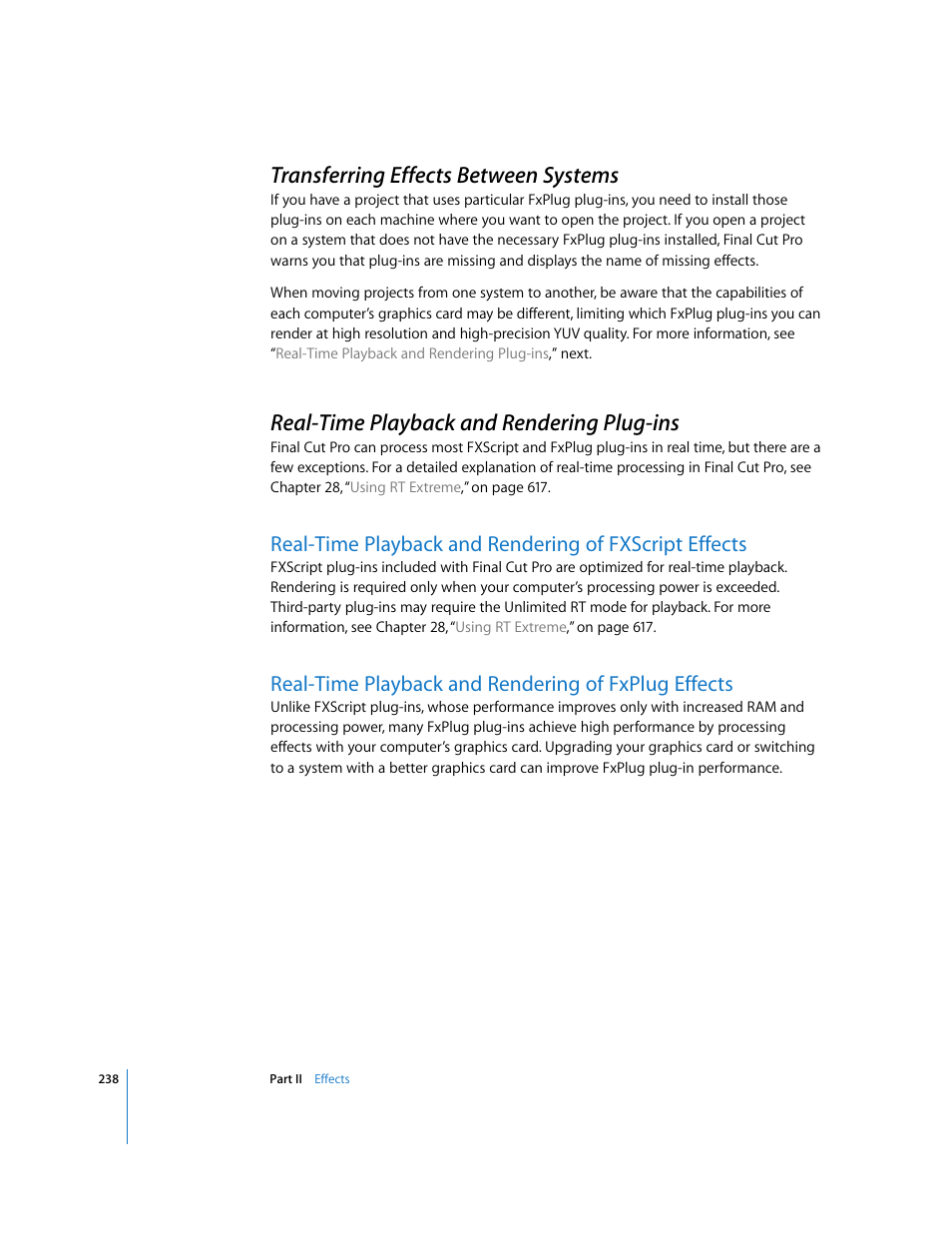 Transferring effects between systems, Real-time playback and rendering plug-ins, Real-time playback and rendering of fxplug effects | P. 238) | Apple Final Cut Pro 6 User Manual | Page 1023 / 2033