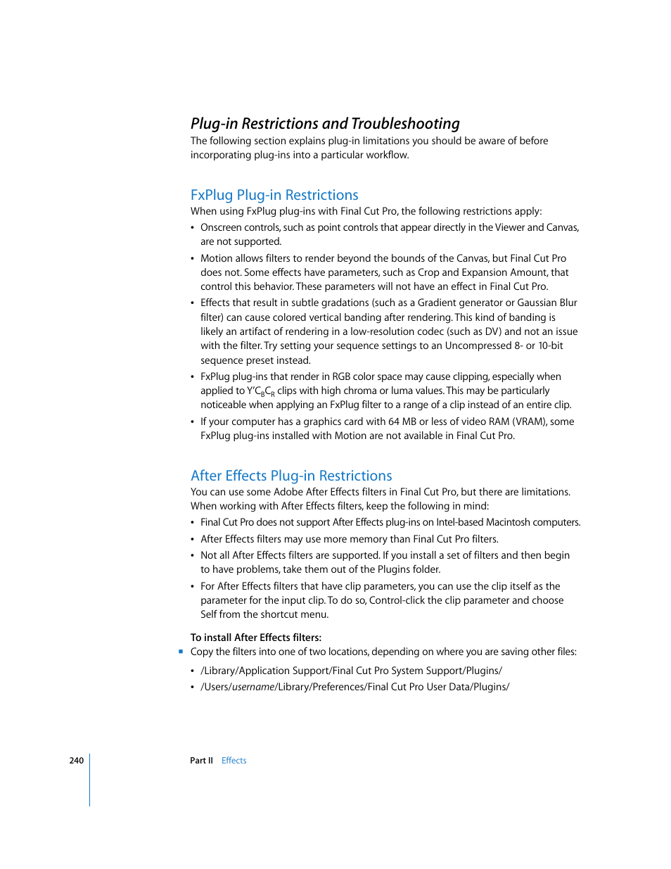 Plug-in restrictions and troubleshooting, Fxplug plug-in restrictions, After effects plug-in restrictions | P. 240) | Apple Final Cut Pro 6 User Manual | Page 1025 / 2033