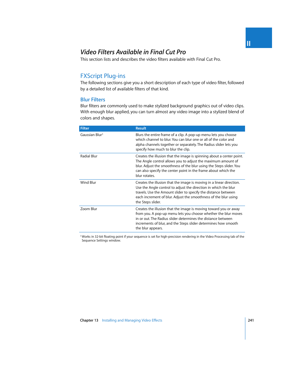 Video filters available in finalcutpro, Fxscript plug-ins, Blur filters | Video filters available in final cut pro, P. 241) | Apple Final Cut Pro 6 User Manual | Page 1026 / 2033