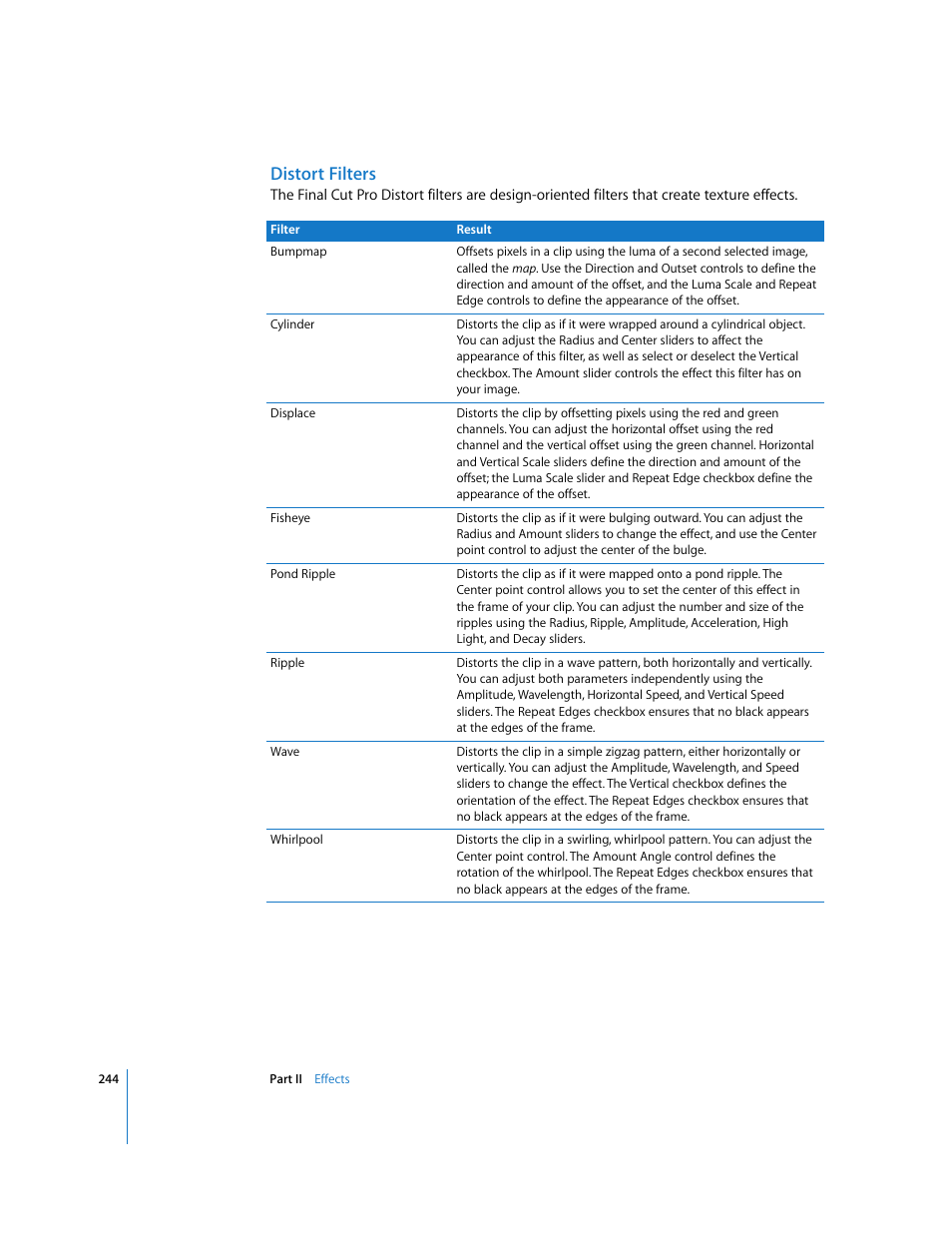 Distort filters | Apple Final Cut Pro 6 User Manual | Page 1029 / 2033