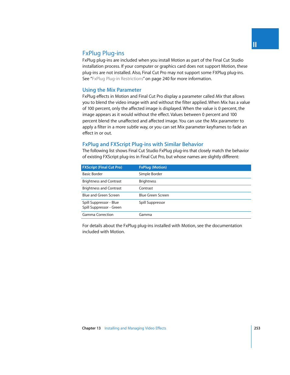 Fxplug plug-ins, Using the mix parameter, Fxplug and fxscript plug-ins with similar behavior | Apple Final Cut Pro 6 User Manual | Page 1038 / 2033