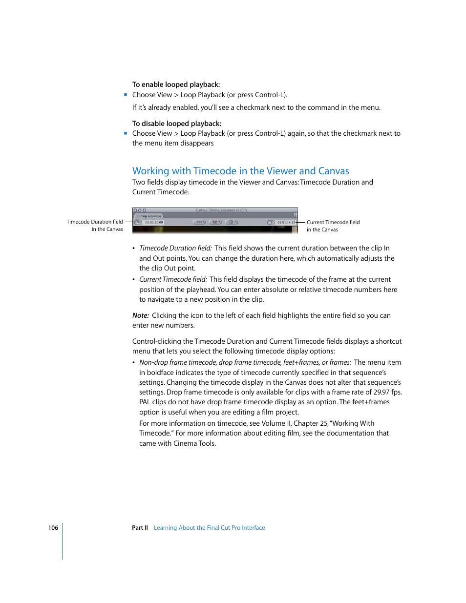Working with timecode in the viewer and canvas, P. 106) | Apple Final Cut Pro 6 User Manual | Page 107 / 2033