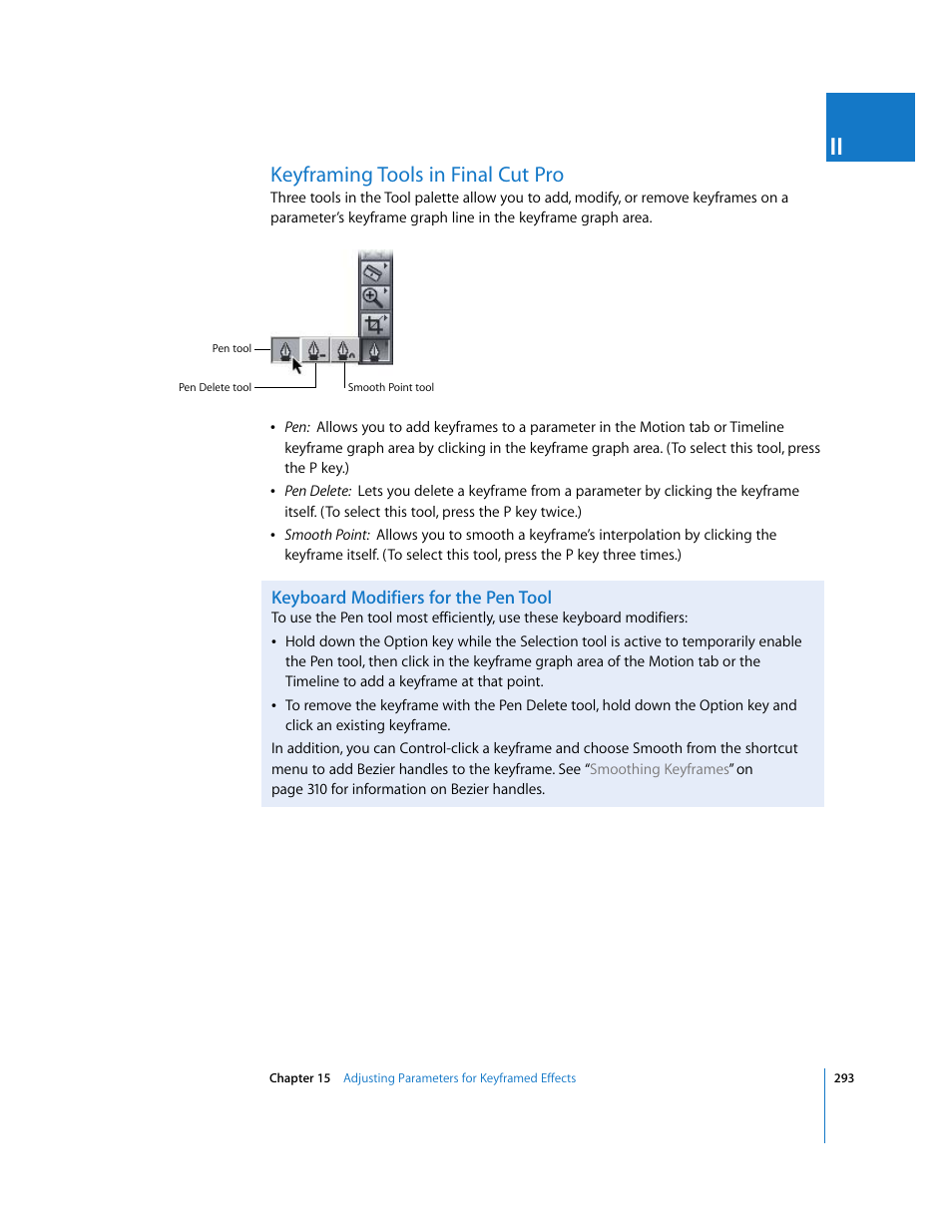 Keyframing tools in finalcutpro, Keyboard modifiers for the pen tool, Keyframing tools in final cut pro | Apple Final Cut Pro 6 User Manual | Page 1078 / 2033