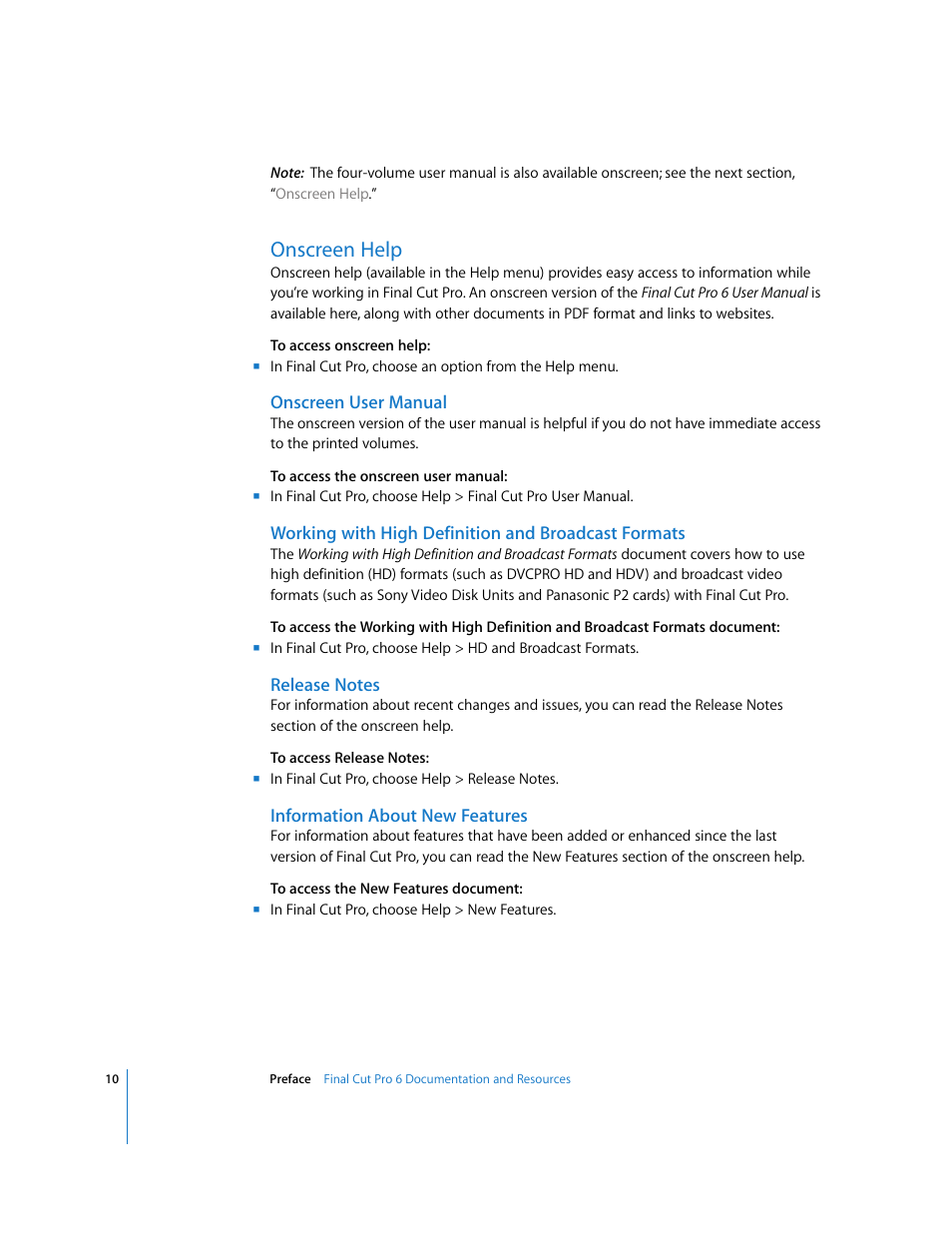 Onscreen help, Onscreen user manual, Working with high definition and broadcast formats | Release notes, Information about new features | Apple Final Cut Pro 6 User Manual | Page 11 / 2033