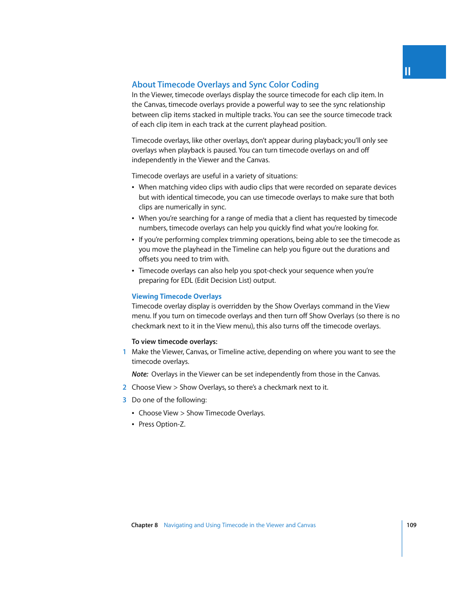 About timecode overlays and sync color coding, About, Timecode overlays and sync color coding | Apple Final Cut Pro 6 User Manual | Page 110 / 2033