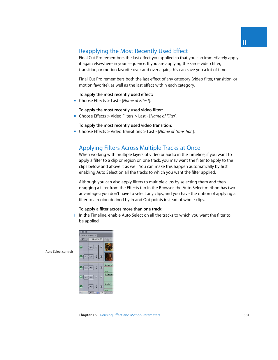Reapplying the most recently used effect, Applying filters across multiple tracks at once | Apple Final Cut Pro 6 User Manual | Page 1116 / 2033