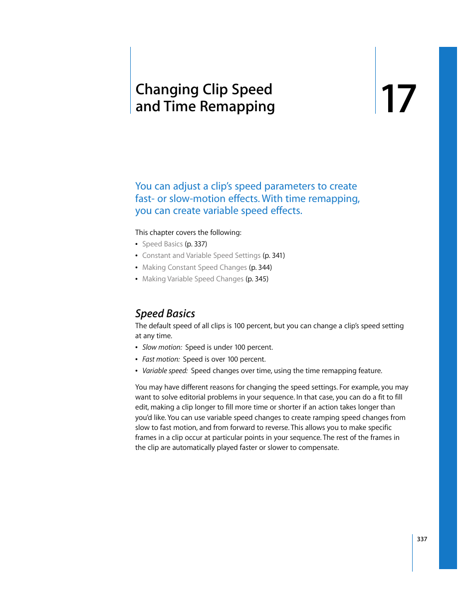 Changing clip speed andtimeremapping, Speed basics, Chapter 17 | Changing clip speed and time remapping | Apple Final Cut Pro 6 User Manual | Page 1122 / 2033