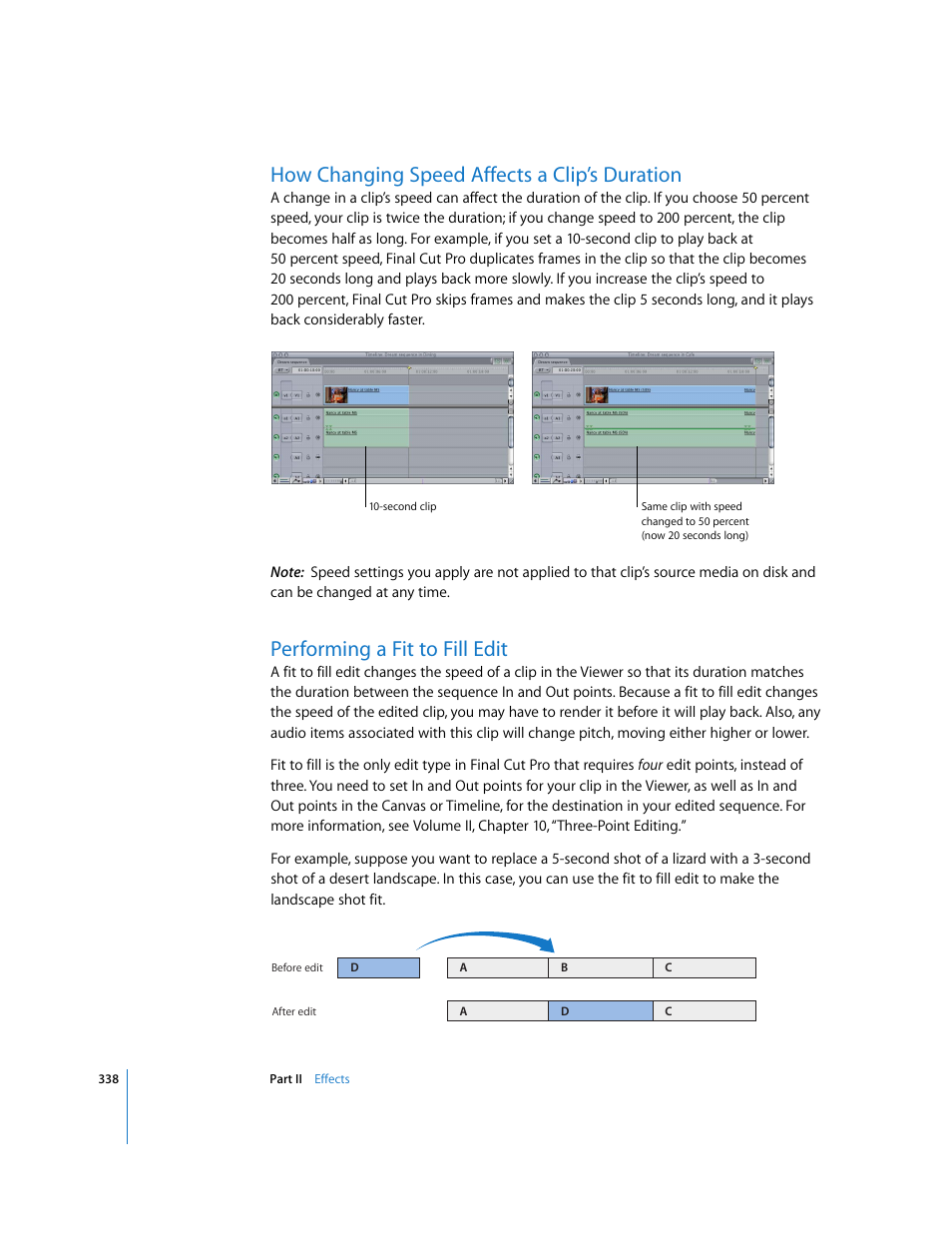 How changing speed affects a clip’s duration, Performing a fit to fill edit | Apple Final Cut Pro 6 User Manual | Page 1123 / 2033