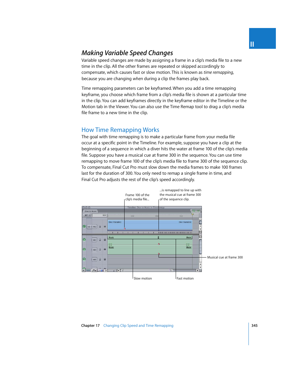 Making variable speed changes, How time remapping works, P. 345) | Making variable speed, Changes | Apple Final Cut Pro 6 User Manual | Page 1130 / 2033
