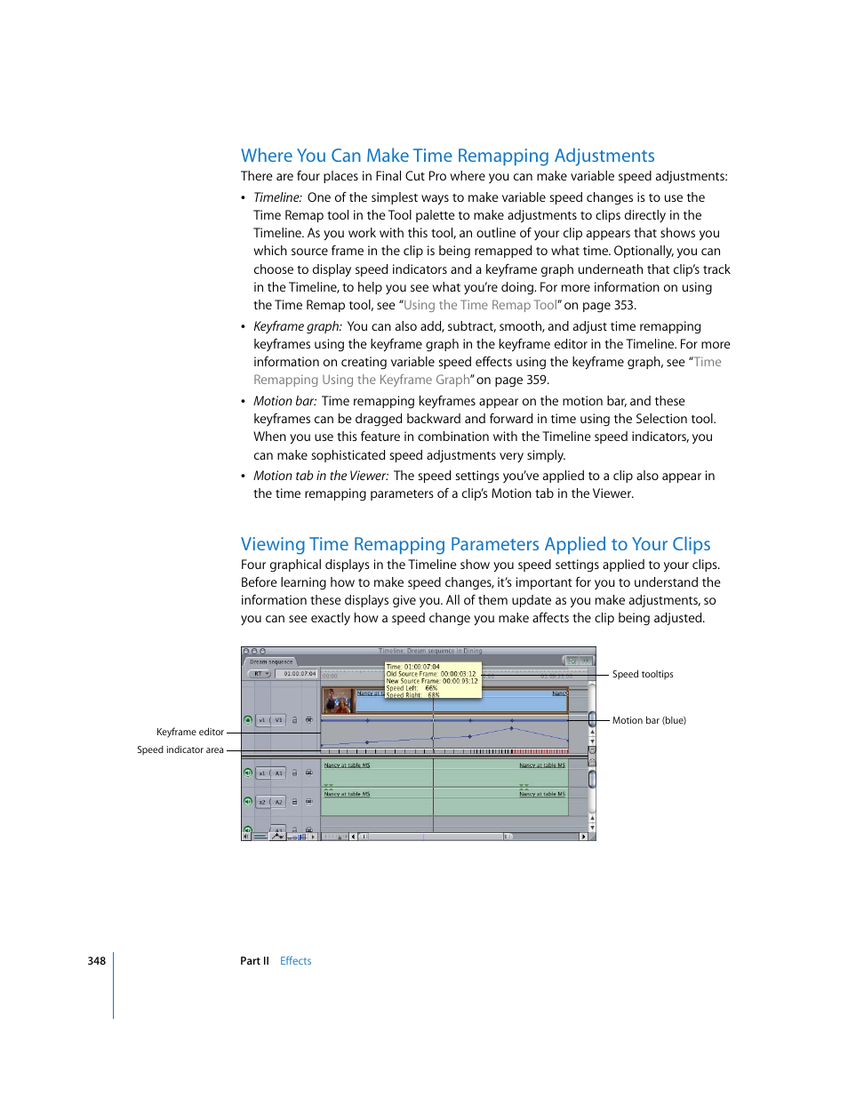 Where you can make time remapping adjustments, Viewing time, Remapping parameters applied to your clips | Apple Final Cut Pro 6 User Manual | Page 1133 / 2033