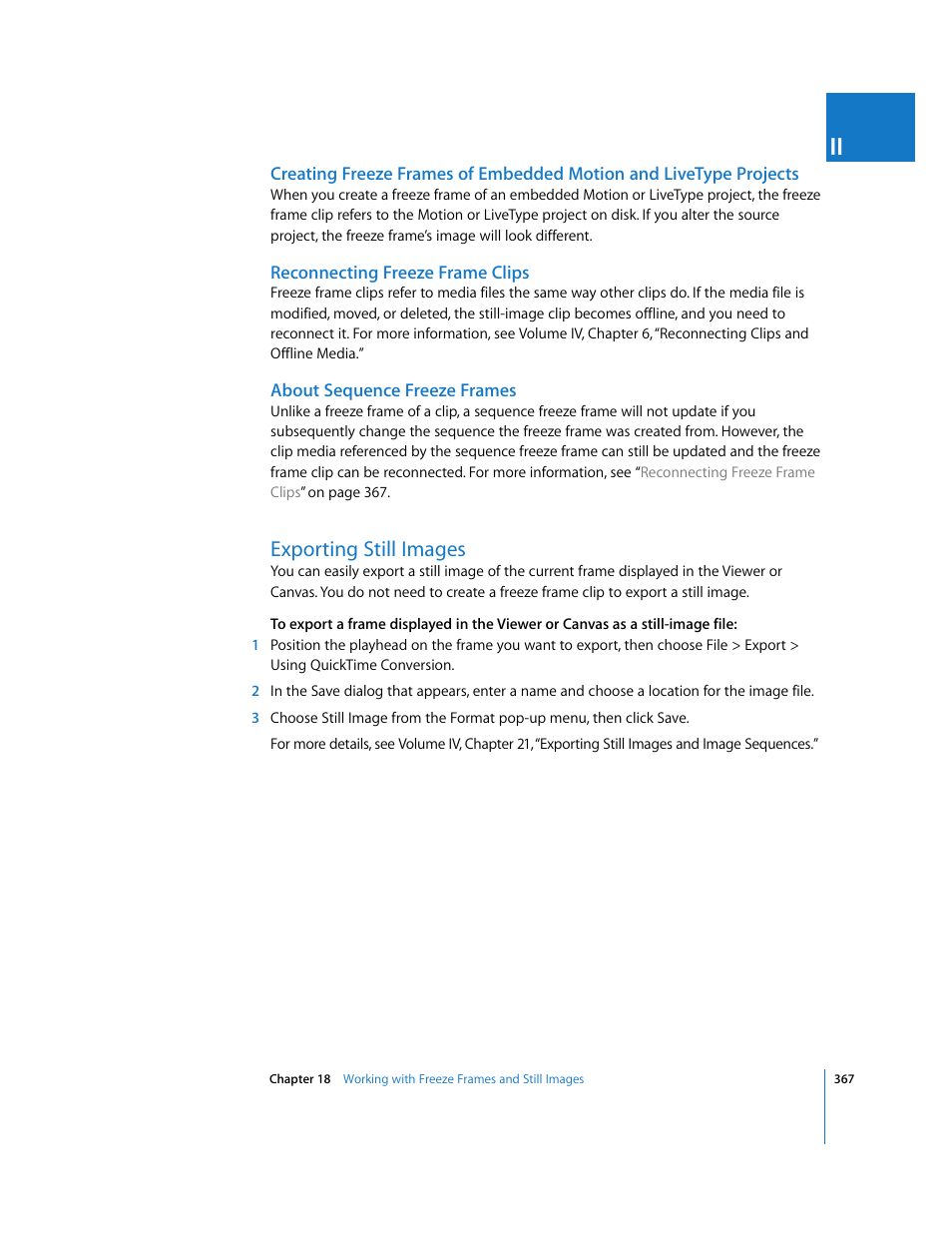 Reconnecting freeze frame clips, About sequence freeze frames, Exporting still images | P. 367) | Apple Final Cut Pro 6 User Manual | Page 1152 / 2033