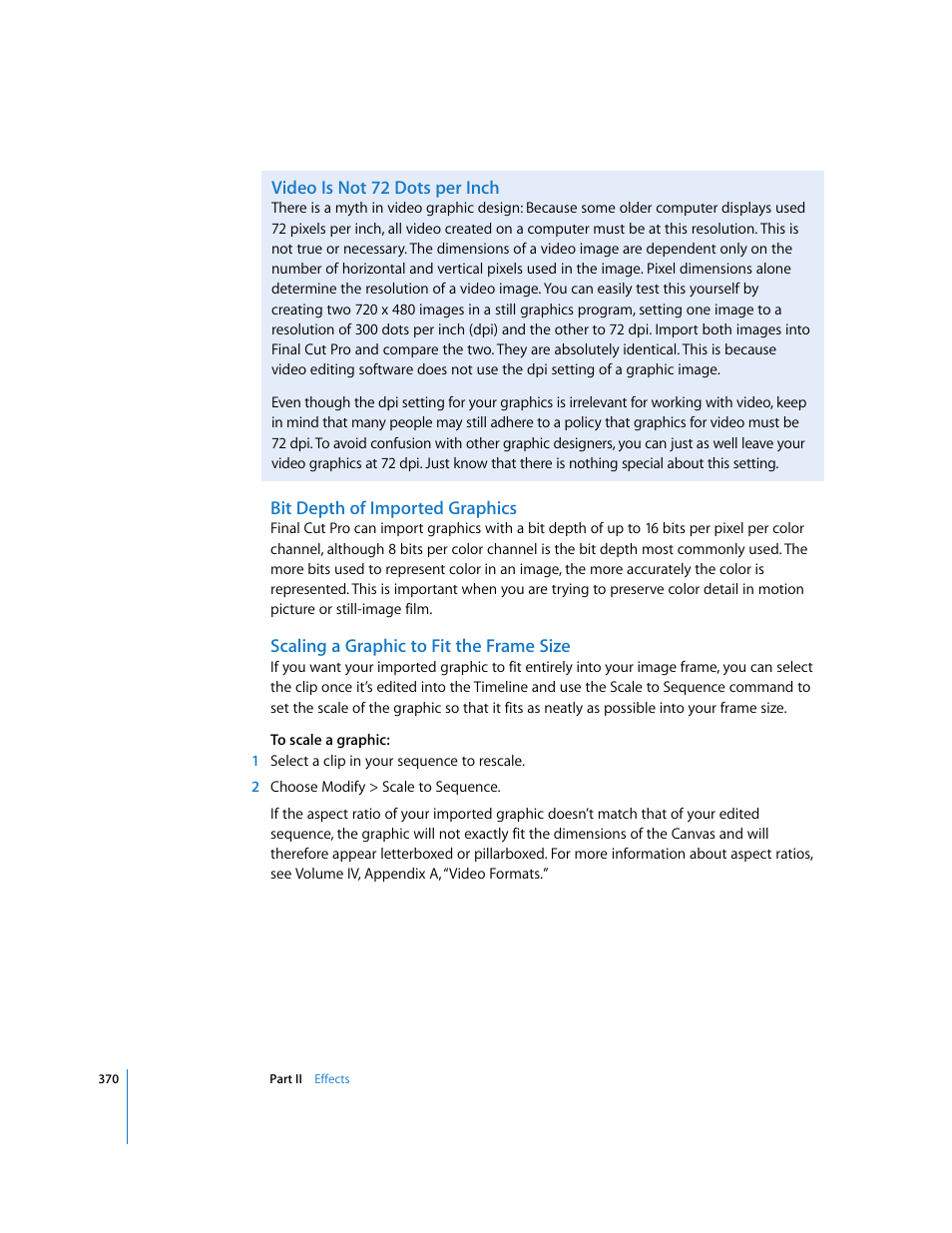 Video is not 72 dots per inch, Bit depth of imported graphics, Scaling a graphic to fit the frame size | Apple Final Cut Pro 6 User Manual | Page 1155 / 2033