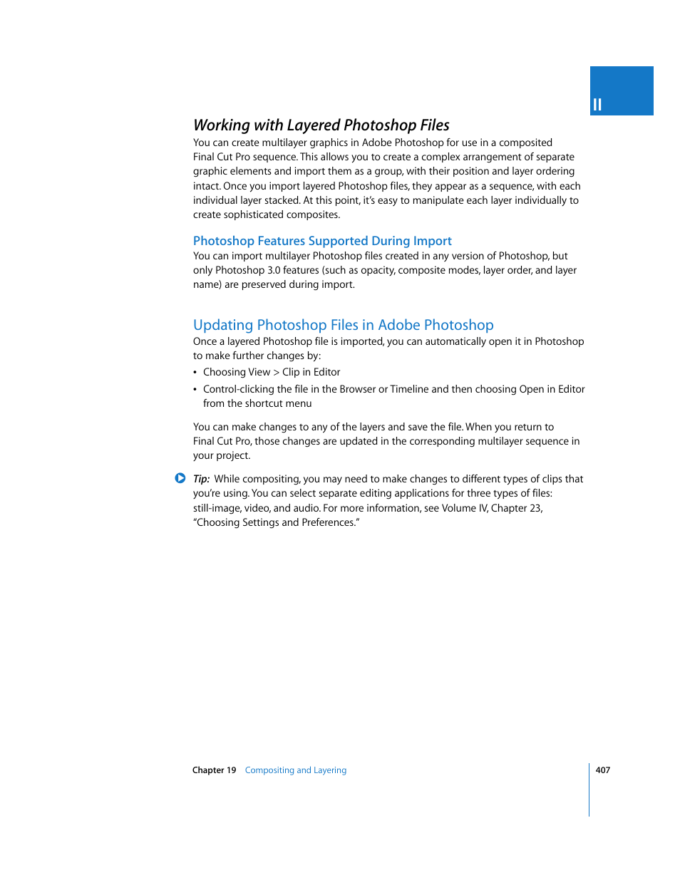 Working with layered photoshop files, Photoshop features supported during import, Updating photoshop files in adobe photoshop | P. 407) | Apple Final Cut Pro 6 User Manual | Page 1192 / 2033