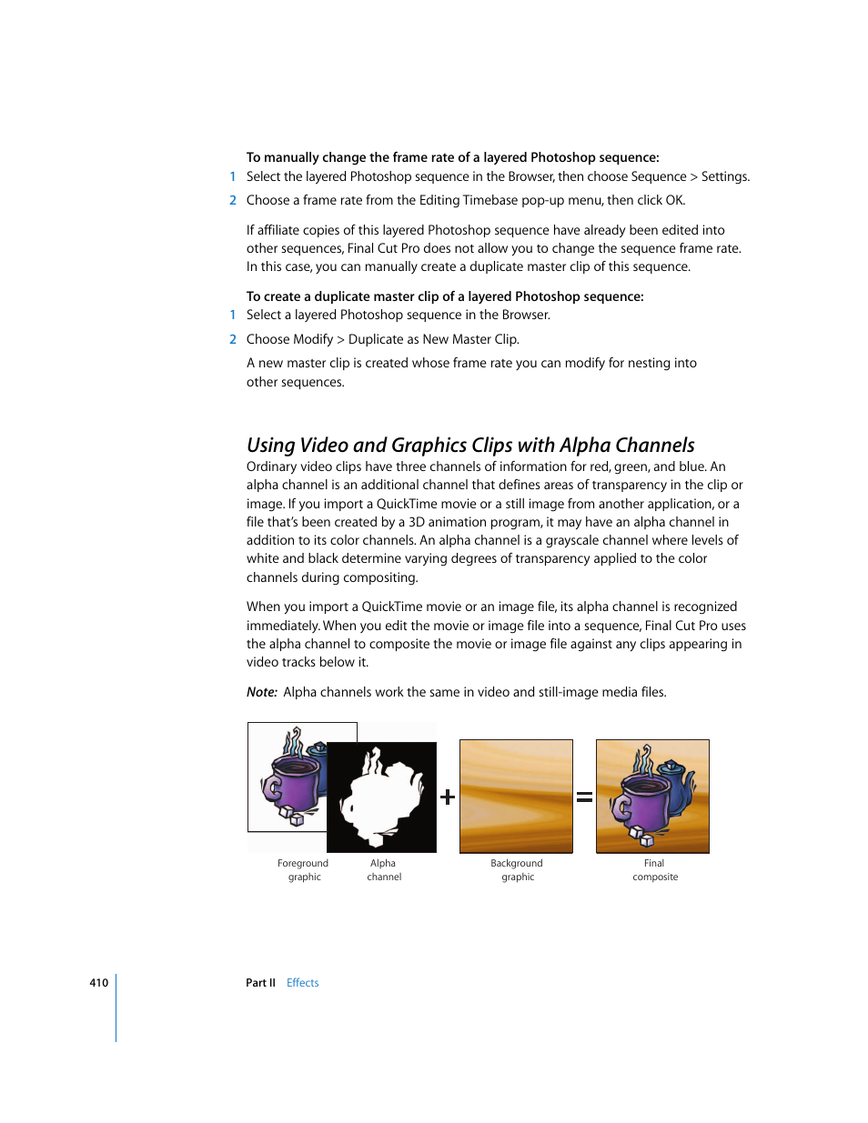 Using video and graphics clips with alpha channels, P. 410), Using video and graphics clips with alpha | Channels, Ed alpha track (see | Apple Final Cut Pro 6 User Manual | Page 1195 / 2033