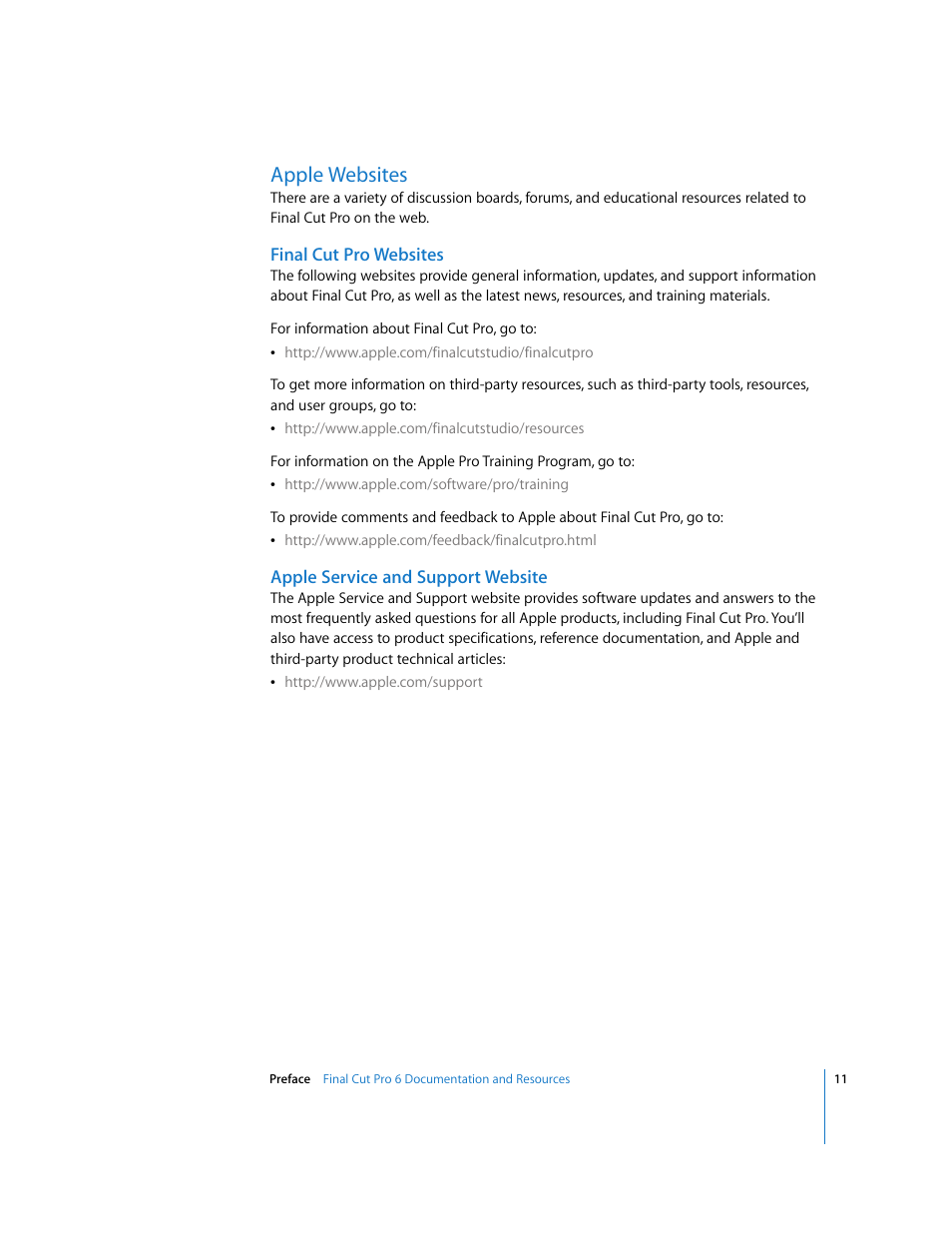 Apple websites, Finalcutpro websites, Apple service and support website | Apple Final Cut Pro 6 User Manual | Page 12 / 2033