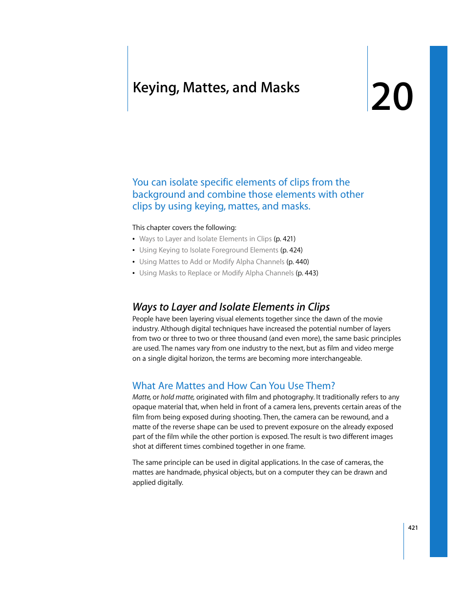 Keying, mattes, and masks, Ways to layer and isolate elements in clips, What are mattes and how can you use them | Chapter 20, See chapter 20 | Apple Final Cut Pro 6 User Manual | Page 1206 / 2033