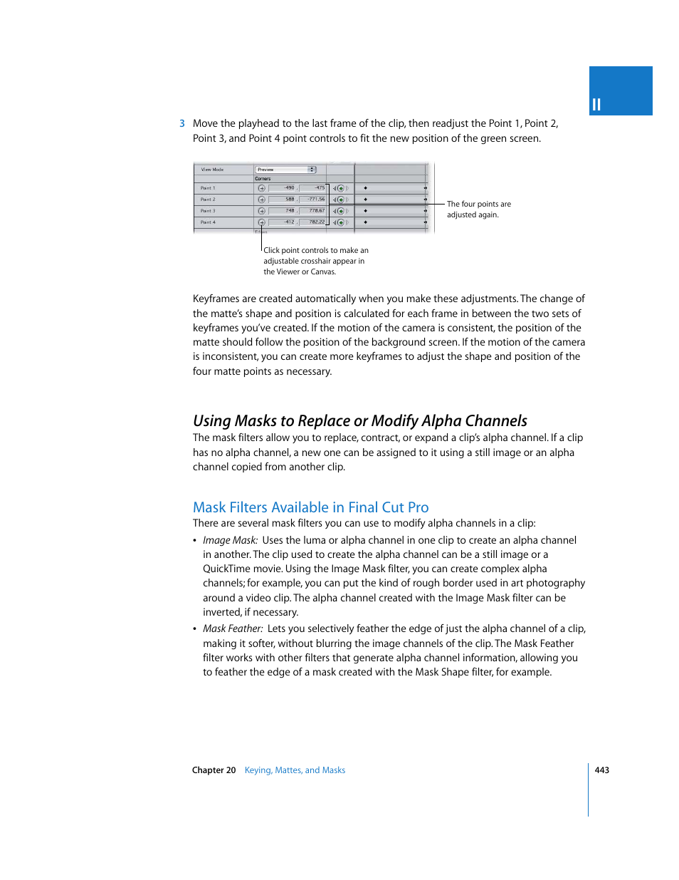 Using masks to replace or modify alpha channels, Mask filters available in finalcutpro, Mask filters available in final cut pro | P. 443) | Apple Final Cut Pro 6 User Manual | Page 1228 / 2033