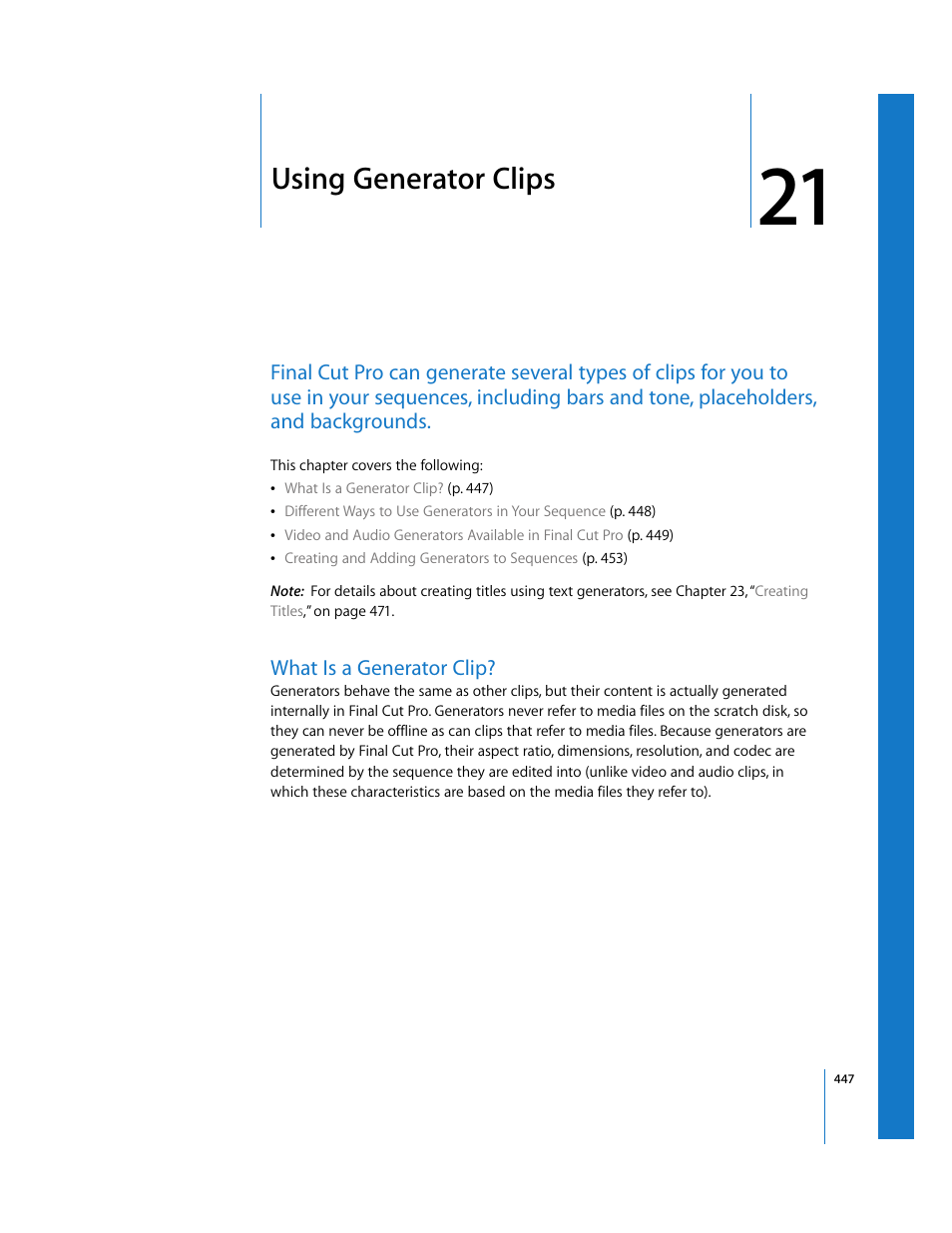 Using generator clips, What is a generator clip, Chapter 21 | Er 21, Using, Generator clips | Apple Final Cut Pro 6 User Manual | Page 1232 / 2033