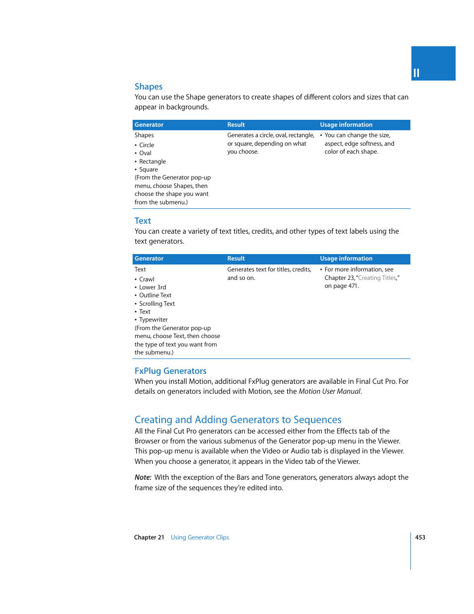 Shapes, Text, Fxplug generators | Creating and adding generators to sequences, P. 453) | Apple Final Cut Pro 6 User Manual | Page 1238 / 2033