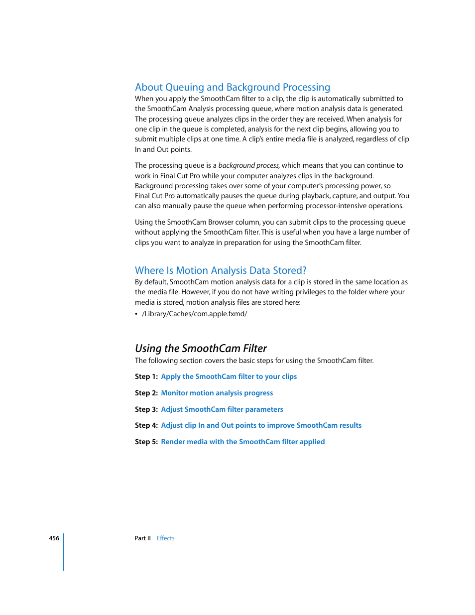 About queuing and background processing, Where is motion analysis data stored, Using the smoothcam filter | P. 456) | Apple Final Cut Pro 6 User Manual | Page 1241 / 2033