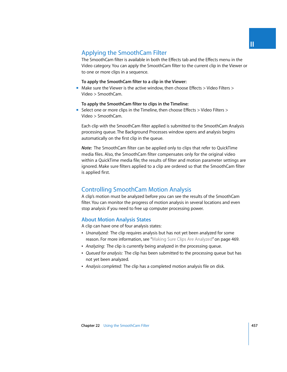 Applying the smoothcam filter, Controlling smoothcam motion analysis, About motion analysis states | Apple Final Cut Pro 6 User Manual | Page 1242 / 2033