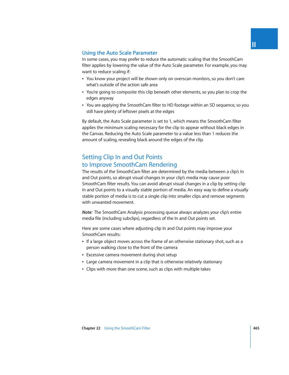 Using the auto scale parameter, Setting clip in and out points, To improve smoothcam rendering | Apple Final Cut Pro 6 User Manual | Page 1250 / 2033