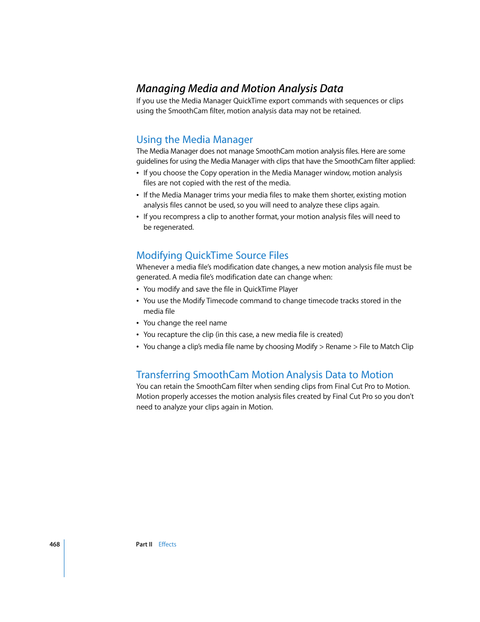 Managing media and motion analysis data, Using the media manager, Modifying quicktime source files | P. 468), Transferring smoothcam motion, Analysis data to motion | Apple Final Cut Pro 6 User Manual | Page 1253 / 2033
