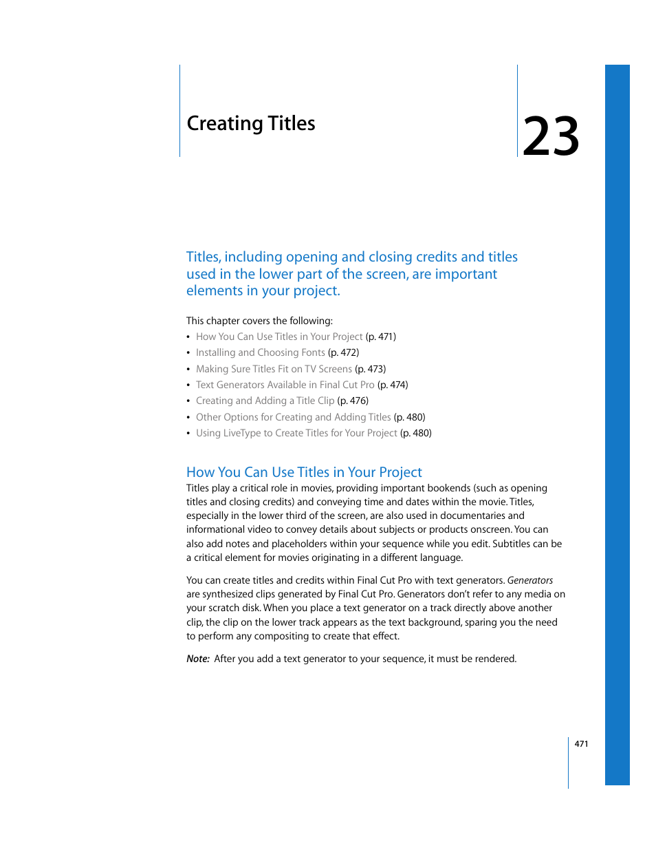 Creating titles, How you can use titles in your project, Chapter 23 | See chapter 23, Creating, Titles | Apple Final Cut Pro 6 User Manual | Page 1256 / 2033