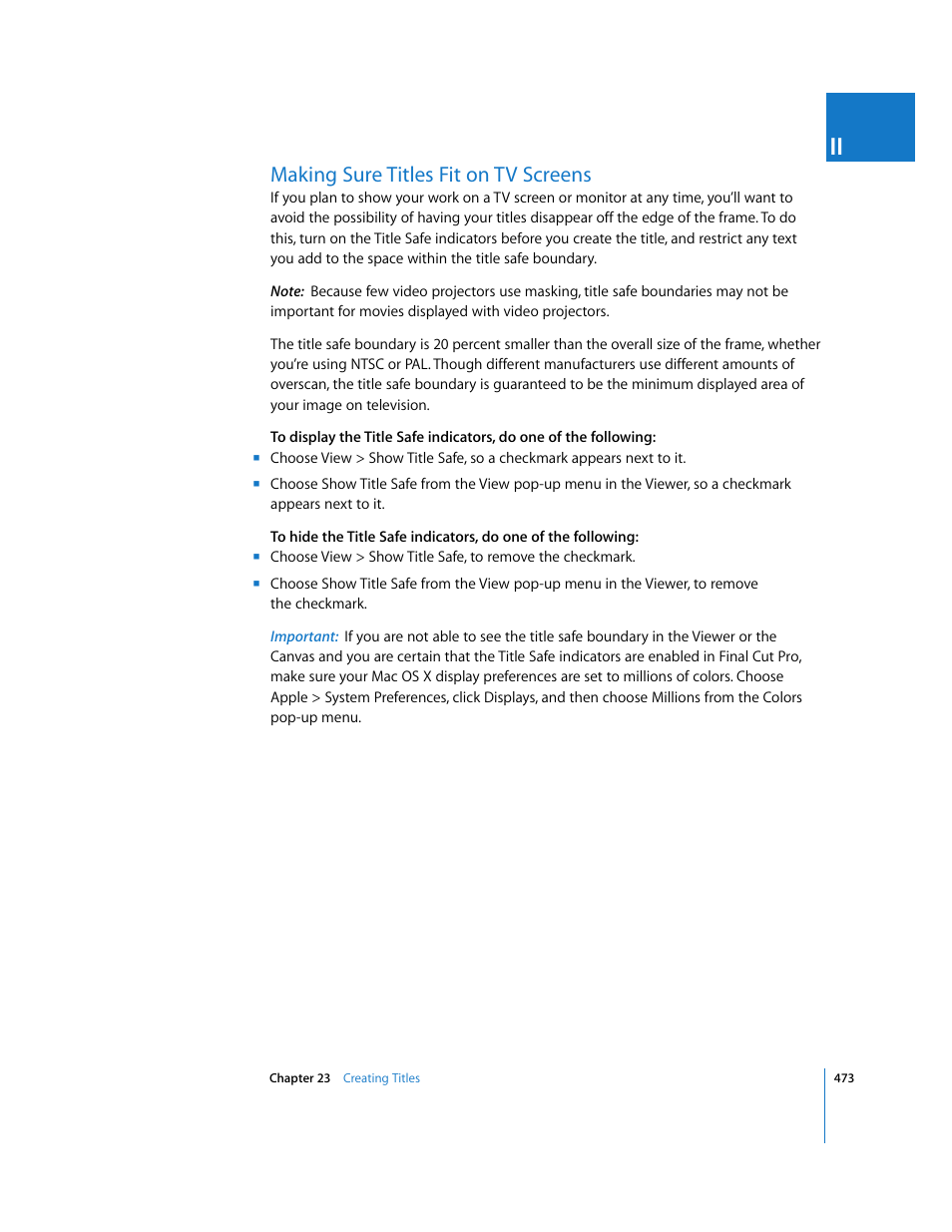 Making sure titles fit on tv screens, P. 473) | Apple Final Cut Pro 6 User Manual | Page 1258 / 2033