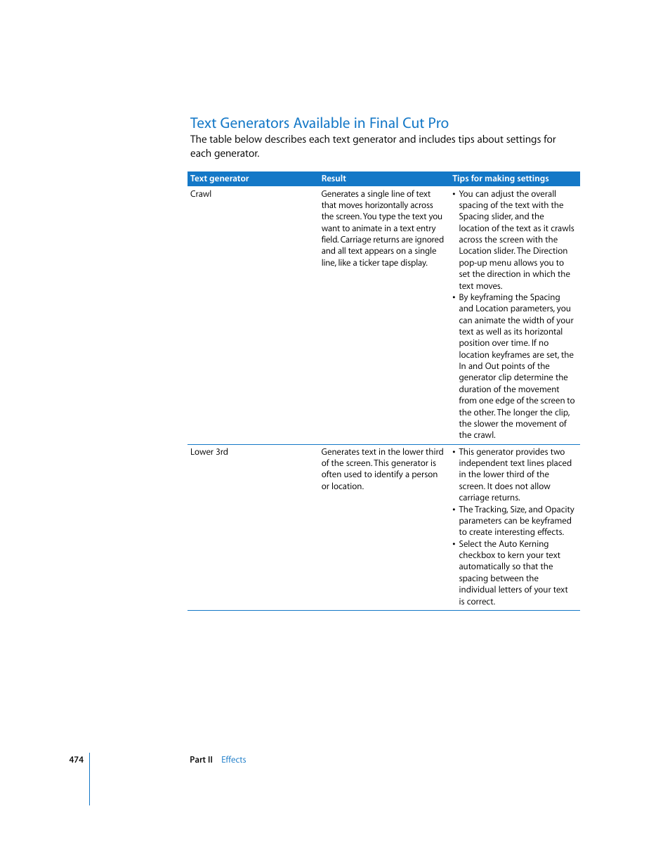 Text generators available in finalcutpro, Text generators available in final cut pro, P. 474) | Apple Final Cut Pro 6 User Manual | Page 1259 / 2033